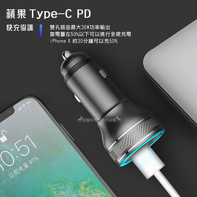 Wd 30w車充全協議蘋果type C Pd Usb Qc3 0鋁合金車用智能極速雙孔充電器 耳機 穿戴 手機配件 Myfone購物