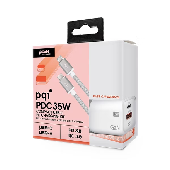 PQI 35W GaN 快速充電器+USB-C to C編織線組合包-白