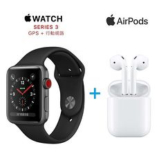 【Airpods超值組】Apple Watch Series 3 GPS+行動網路LTE版_42mm 太空灰鋁金屬錶殼配黑色運動錶帶 + Apple原廠Airpods 無線耳機